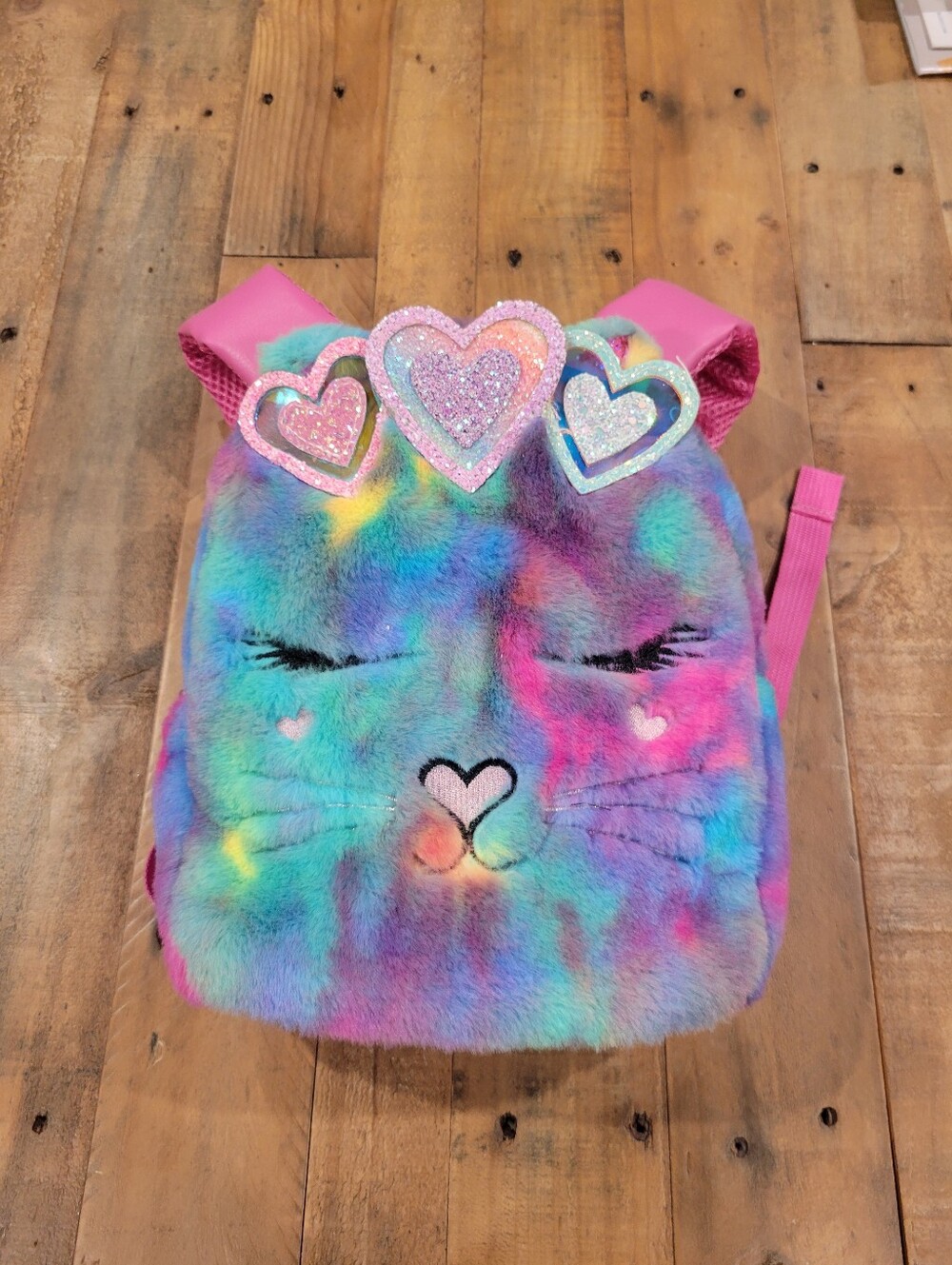 OMG Backpack Kitty w/Crown Rainbow Faux Fur Glittery Sparkle Hearts Miss Gwen